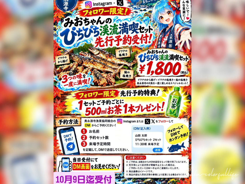 第2回 渓流祭 道の駅 奥永源寺渓流の里 2026年10月11日 イワナ・アユの塩焼き イワナ(アマゴ)の唐揚げ おにぎり 甘露煮 飲食ブース
フォロワー限定先行予約 先行予約特典
奥永源寺漁業協同組合